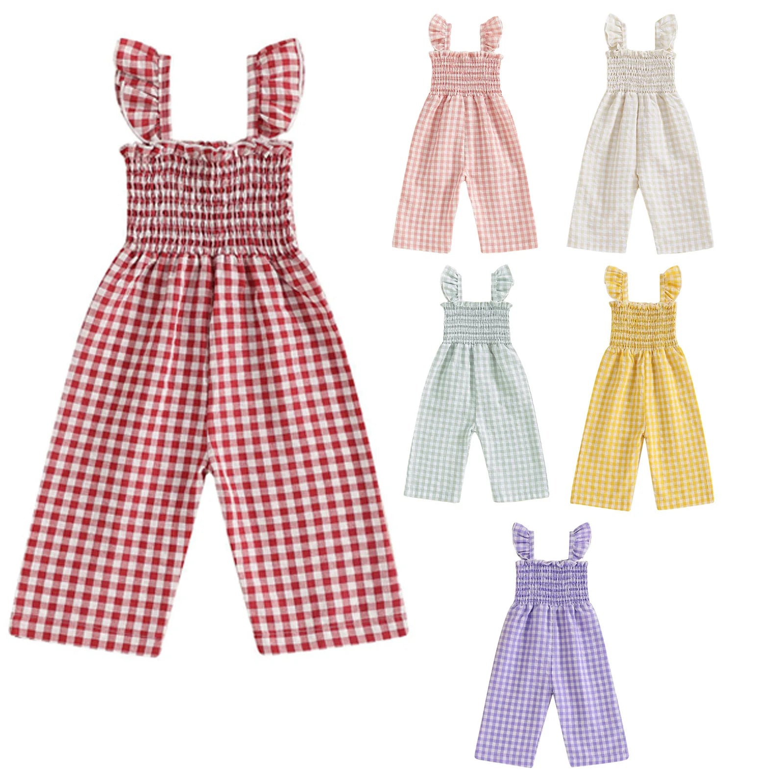 Toddler Baby Girls Summer Clothes Sweet Plaid Bodysuit Fly Sleeves Smocked Rompers Wide Leg Jumpsuit Holiday Party Daily Wear