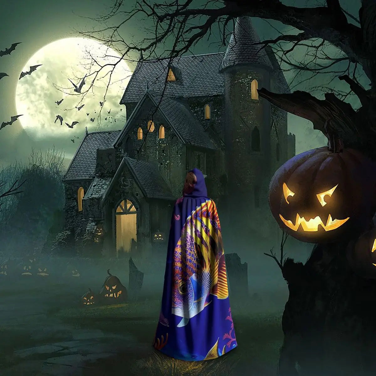 Colorful Fish In The Ocean Tropical Fish Long Hooded Cloak Witch Medieval Costume Cosplay Cape HalloweenCoat Adult Unisex