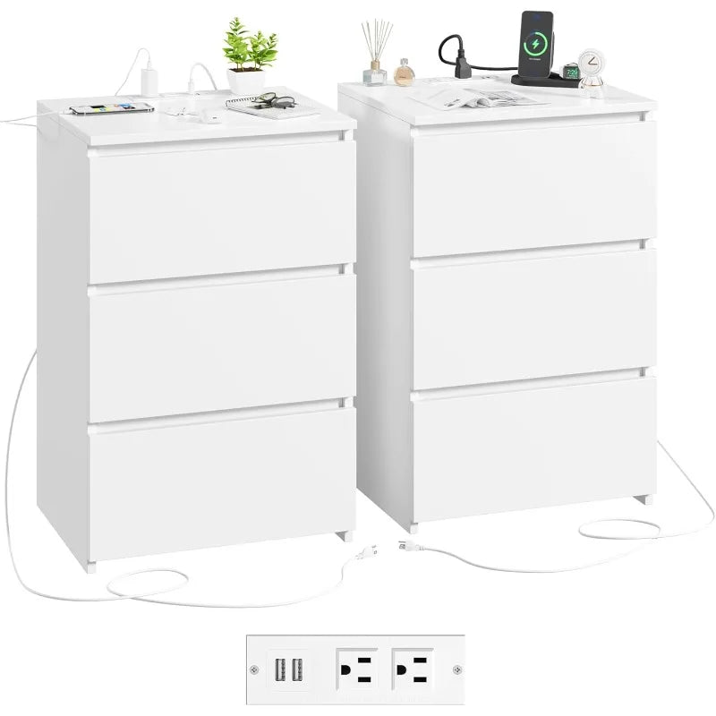 FOTOSOK White Nightstand Set of 2, 26" H White Night Stand with Charging Station, Nightstand Set 2 with USB Ports &Power Outlets