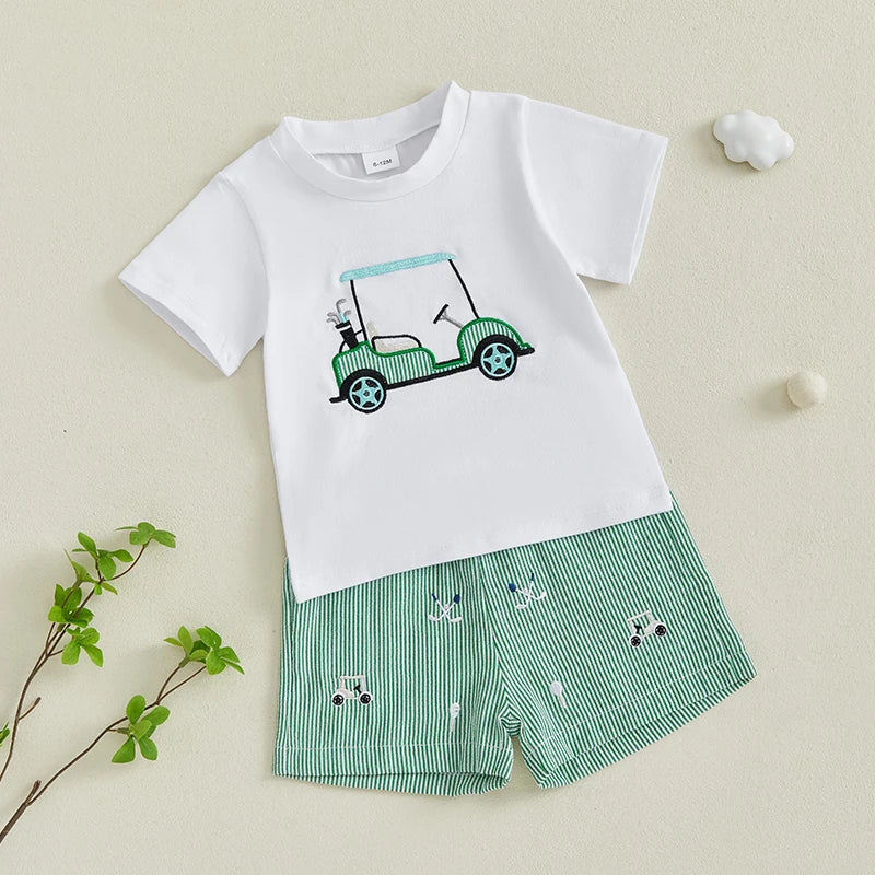 Kids Boys Shorts Set, Short Sleeve Embroidery Golf Cart T-shirt with Striped Shorts Toddler Set Summer Outfit