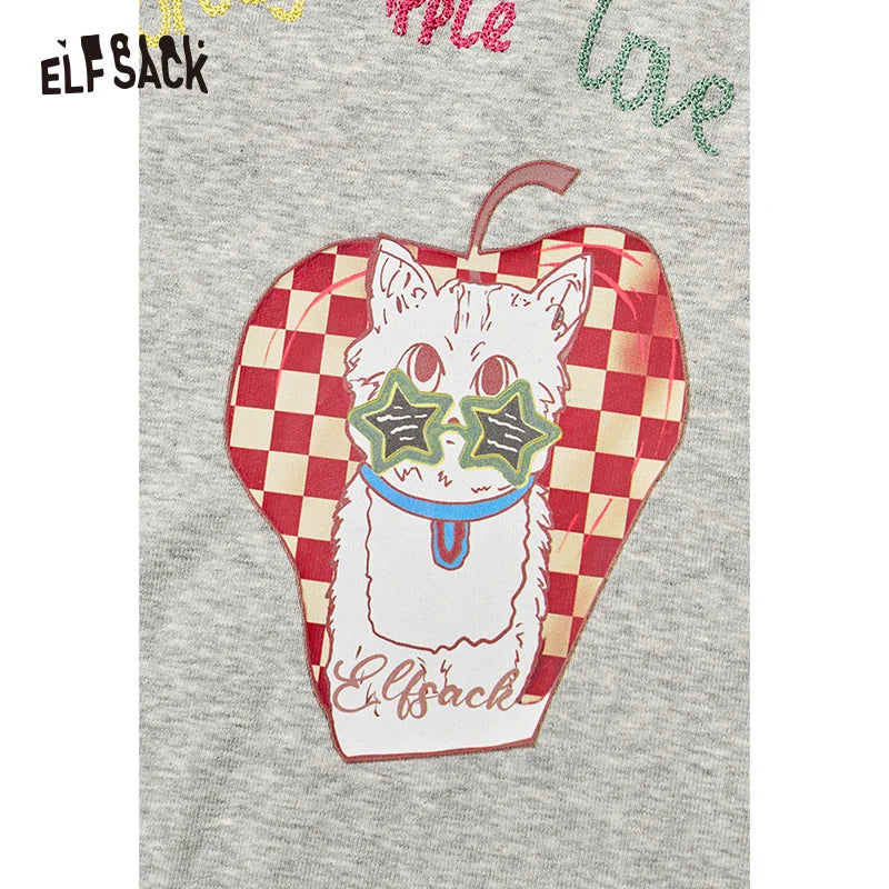 ELFSACK 2025 Summer New Arrivals White Fruit Print Pleated Short Sleeve Chic T-Shirt For Women