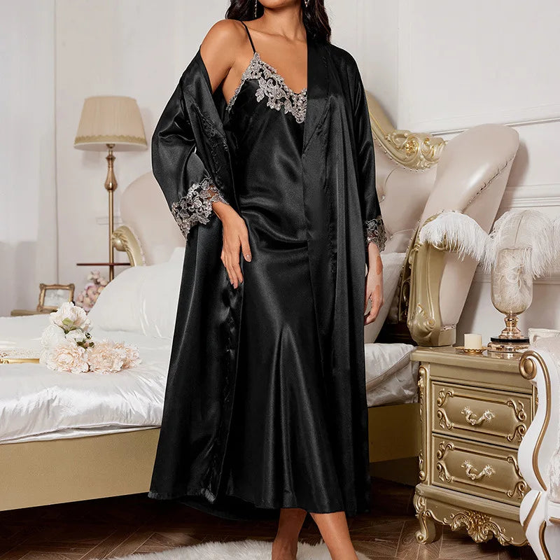 Long Style Twinset Robe Set Womens Sexy Satin Kimono Bathrobe Gown Nightwear Lace Lingerie V-Neck Sleepwear