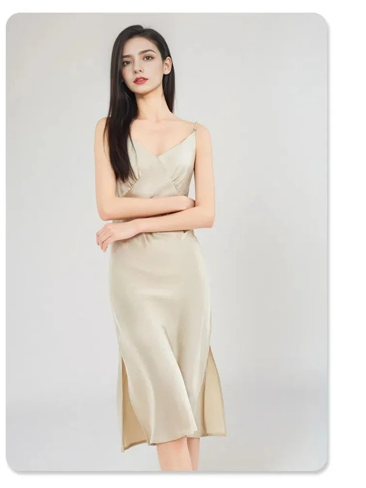 100% Mulberry Silk Sling Nightdress Sexy Slip Nightwear Pure Silk Long Nightgown Lingerie Slit Women Maxi Underwear Sleepwear