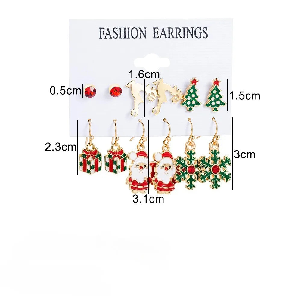 6 Pairs New Christmas Set Cross border Hot Selling Cartoon Dripping Oil Elk Santa Claus Christmas Tree Earrings for Women