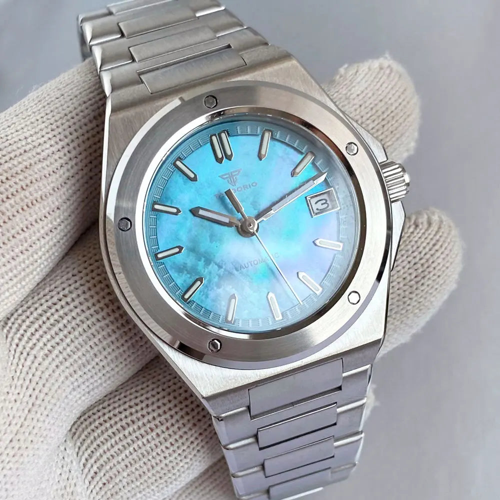 Custom Light Blue Mother of Pearl 40mm Sapphire Crystal Glass 100m Waterproof Japan NH35A Automatic Men Mechanical watch