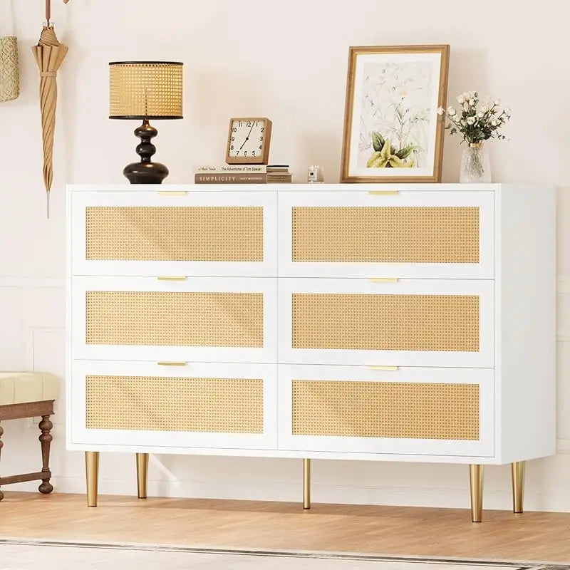 Rattan 5 Drawer Dresser, 44'' Tall Narrow Chest of Drawer, Farmhouse Wooden Vertical Dresser with Metal Legs and Hand