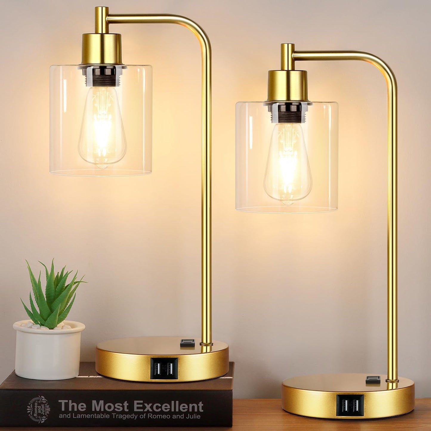 Gold Industrial Touch Table Lamps 2 Pack With USB Ports