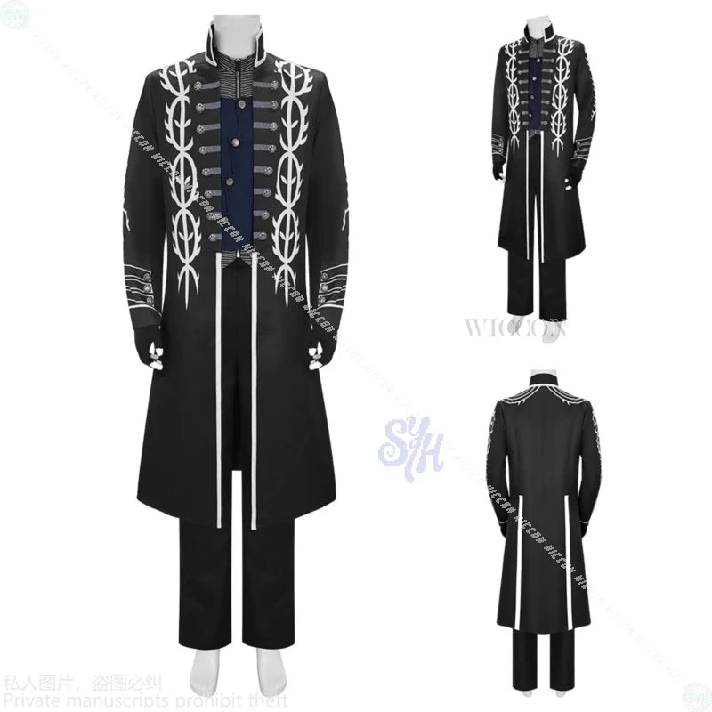 Game DMC5 Cosplay Vergil Anime Costume Demon Cos Cryy Long Black Punk Goth Coat Uniform Pants Jacket Vest Wigs Halloween Party