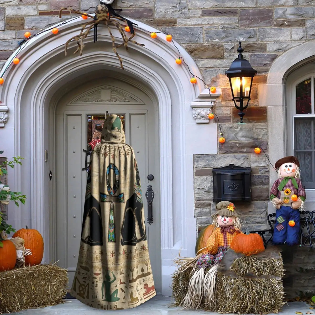 Egyptian Cats And Ankh Cross Long Hooded Cloak Witch Medieval Costume Cosplay Cape HalloweenCoat Adult Unisex