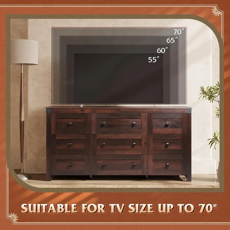 WLIVE Farmhouse Dresser  Bedroom,63" Wide 9Drawer Dresser Storage Organizer,Wood Chest of Drawers,TV Stand for 70 inch TV(Brown)