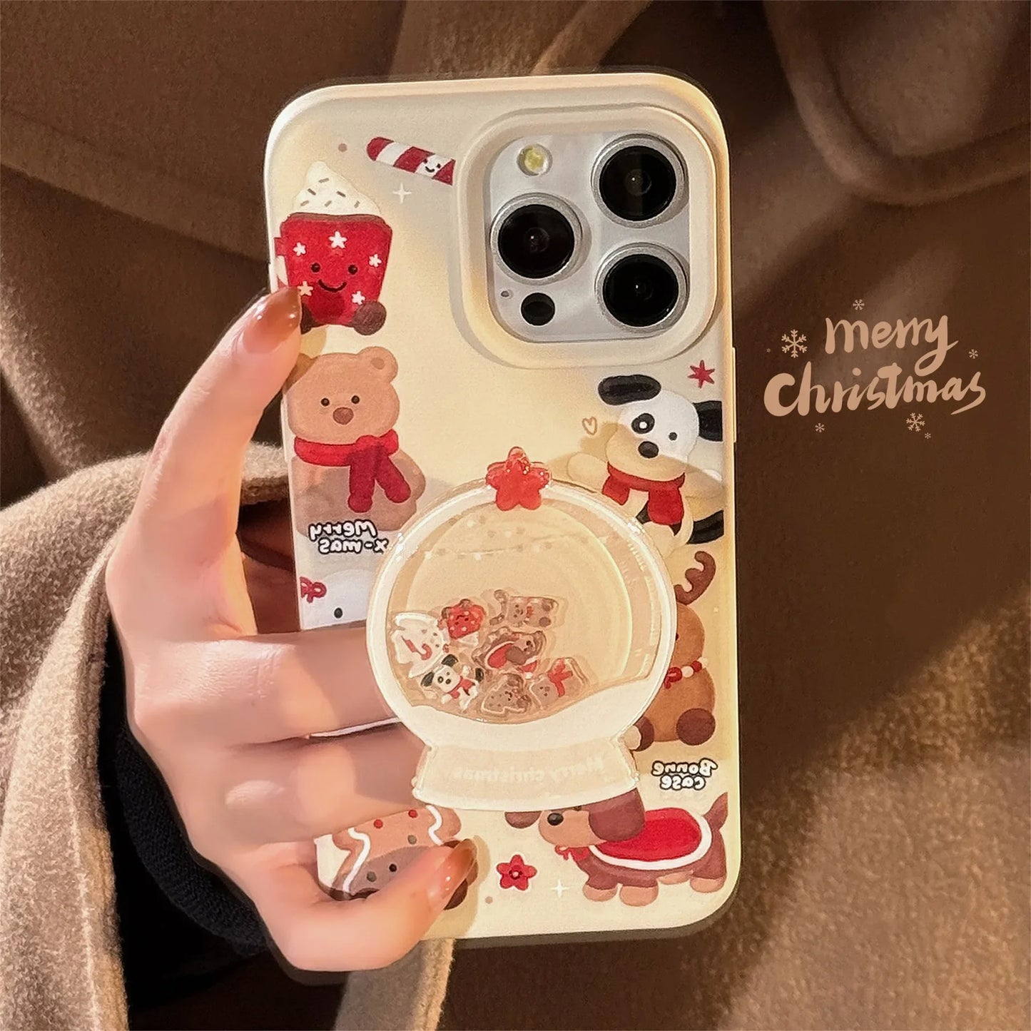 ins Cute Cartoon Doll Christmas Quicksand Shake Bracket Phone Case For iPhone 16 14 13 12 15 Pro Max Pendant Shockproof Cover