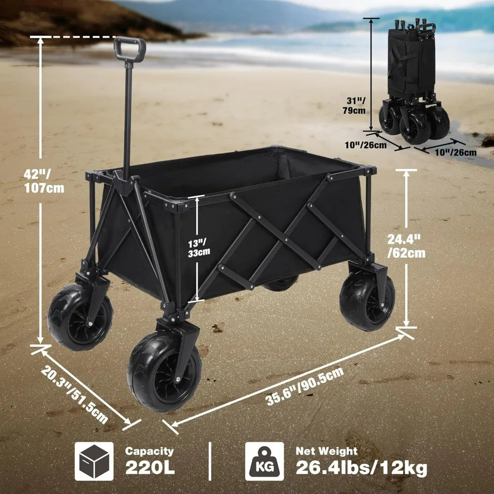 Beach Wagon with Big Wheels for Sand, 9" All Terrain Tires Collapsible Wagon, 450LBS Heavy Duty Beach Cart with Balloon Style W