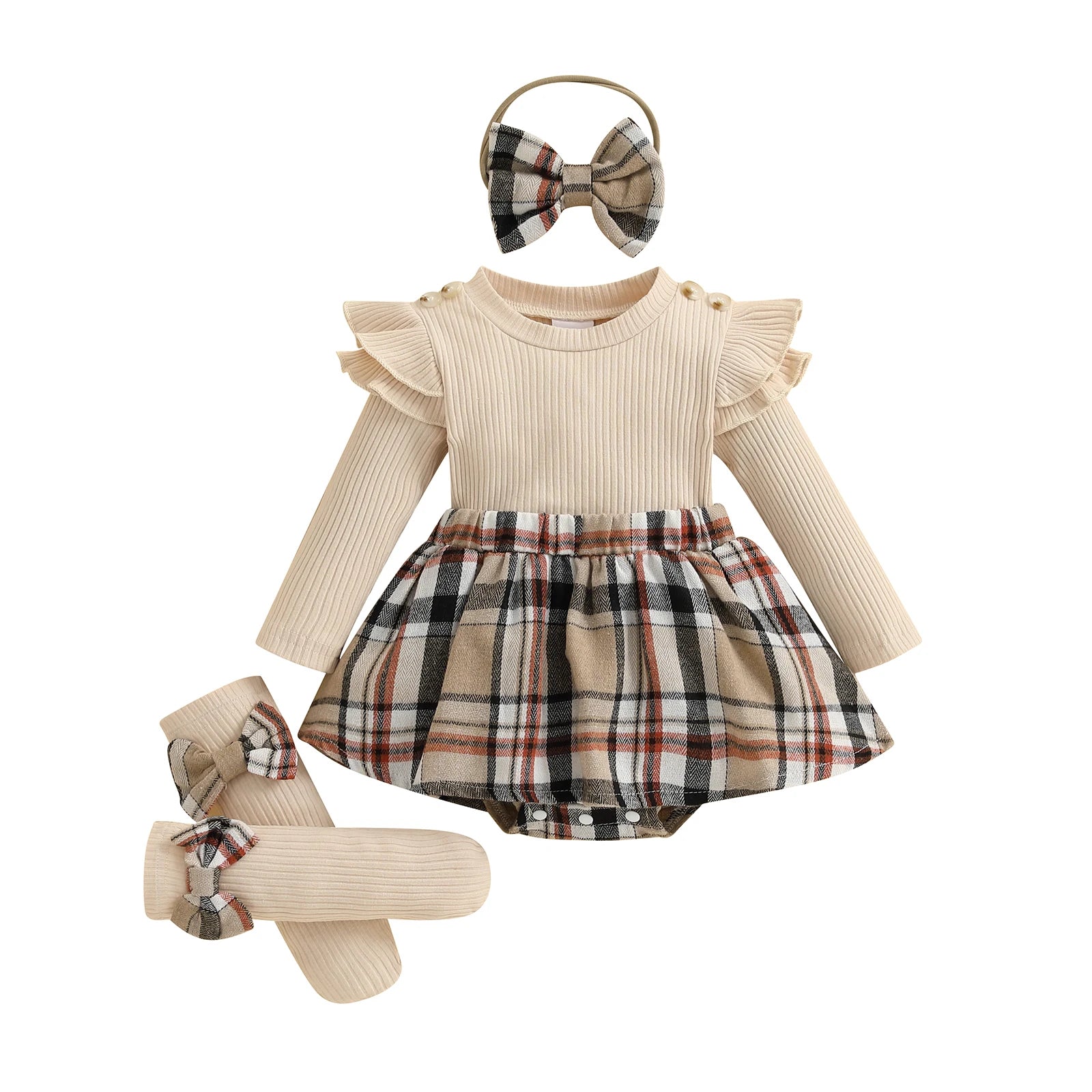 SUNSIOM 0-18 Months Baby Girl Rompers Outfits Long Sleeve Plaid Print Skirt Bodysuit with Headband Socks Set Infant Fall Clothes