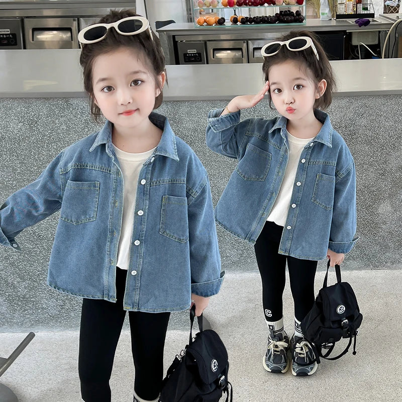 Brief Style Baby Girls Casual Vintage Blue Denim Jacket Coat Age 2 To 9 Years Old Kids Child Solid Spring Autumn Jeans Outfit