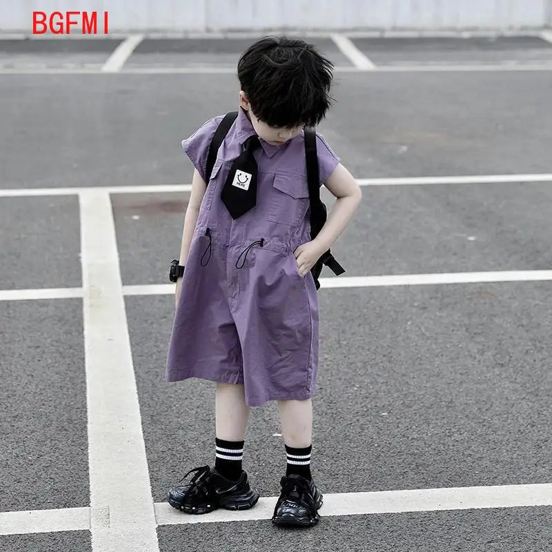 Kids Summer Shorts Overalls Capri Boys Purple Pants and Tie Clothes Boy Baby Jumpsuit 1-10Y Short Sleeved Children's Clothing