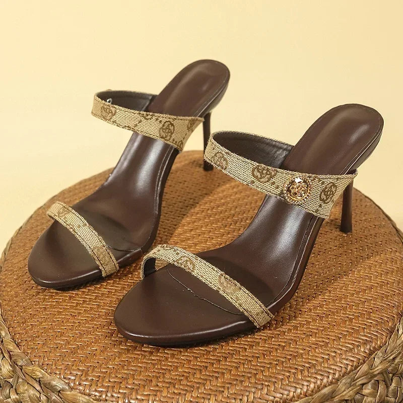 Flower Embroidery Stiletto Heel Slippers Women 2025 Summer Open Toe High Heels Sandals Woman Brand Fashion Party Shoes Plus Size