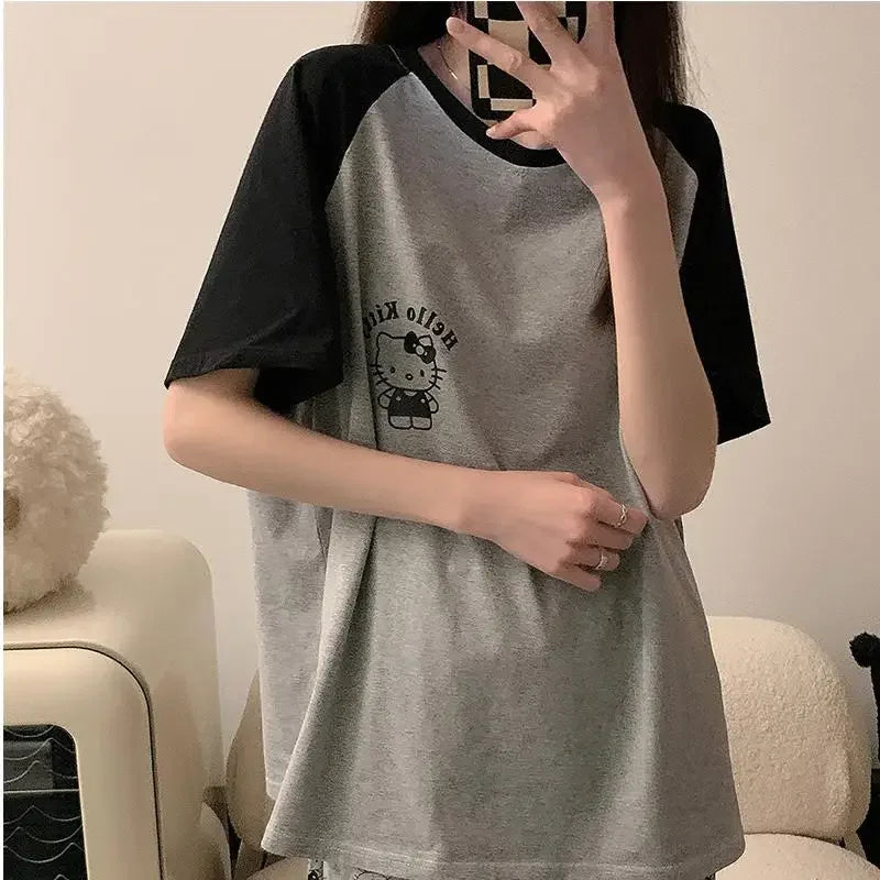 Hello Kitty Cartoon Girl Long Sleeved T Shirt Home Clothes Set Anime Sanrio Print Kawaii Spring Autumn New Trousers Pajama Sweet