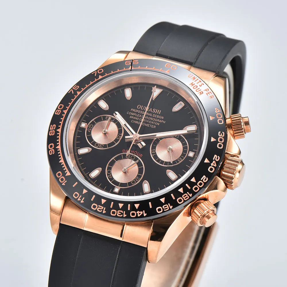 Luxury rose gold men's wristwatch VK63 movement chronograph sapphire glass rubber strap business men's waterproof wristwatch