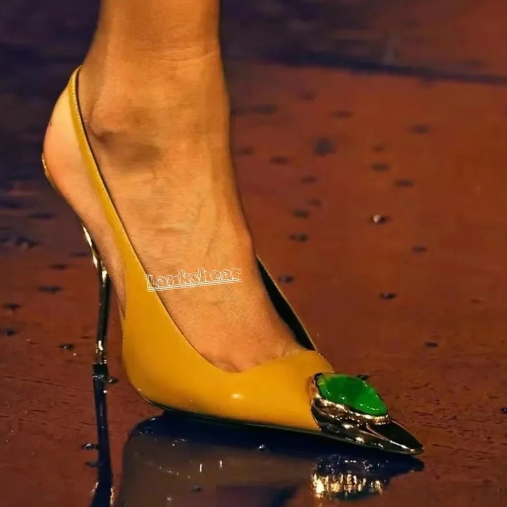 Metal Rhinestone Pointed Toe Women Sandals Gold Strange Heels Stilettos Slingback Sexy Summer Women Shoes Sexy Catwalk Dress