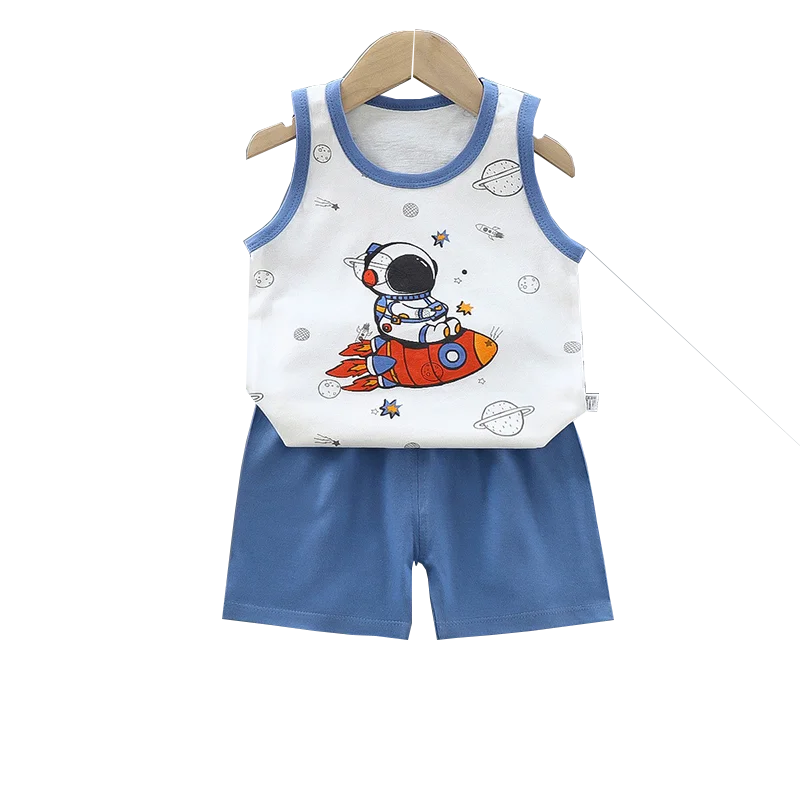 Kids Baby Boys Girls Cotton Breathable Vest+Shorts 2-Piece Set Cartoon Printing Summer Tracksuit Casual Clothes Suit 1-6 Years