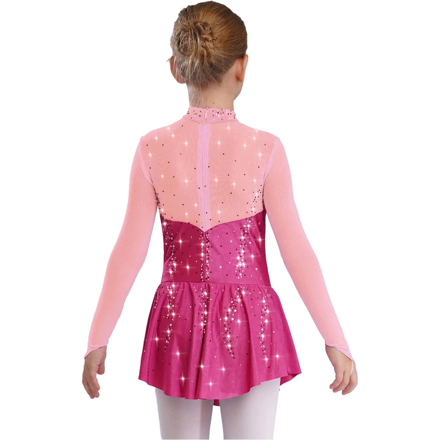 Kids Girls Figure Skating Dance Dress Ballet Lyrical Princess Costume Long Sleeve Color Block Mesh Rhinestones Leotard Dress