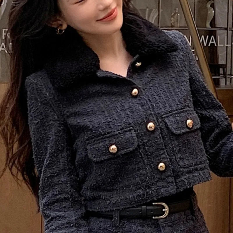 ANJY Autumn Winter New Women Washed Distressed Light Luxury Long Sleeve Fur Collar Denim Jacket Chic Ins High Street Coat A11107