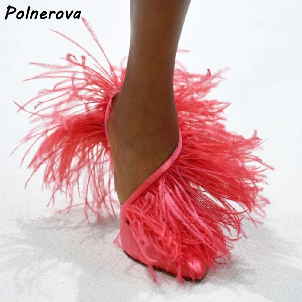 Satin Surround Feather Fringe Sandals Pointy Toe Solid Pointy Toe Stiletto Shoes Red Orange Black Summer Shallow Runway Shoes
