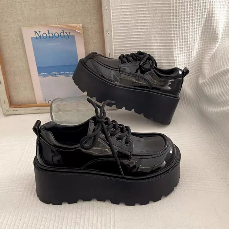Women's Slope Heel Shoes Fall New Round Head Deep Mouth Front Lacing Thick Sole Non-slip Low Top Shoes