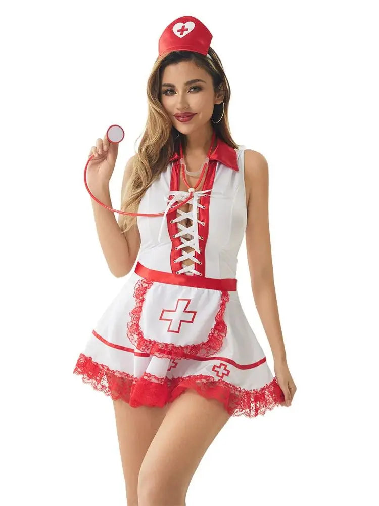 5pcs Nurse Girl Bandage Lace Short Dress Costumes Hat With Apron Stethoscope Set Women Uniform Cosplay Role-Play Sexy Lingerie