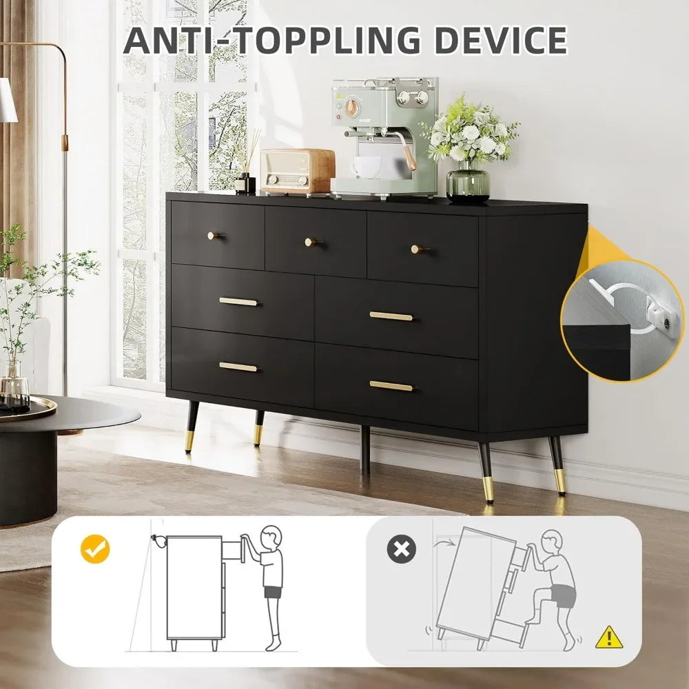 Black Dresser,7 Drawer Dresser with Wide Drawers and Gold Metal Handles, Wood Dressers & Chest of Hallway, Entryway
