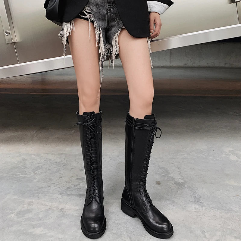 2025 New Women Knee High Boots Genuine Leather Sexy Shoes Riding Motorcycle Boots