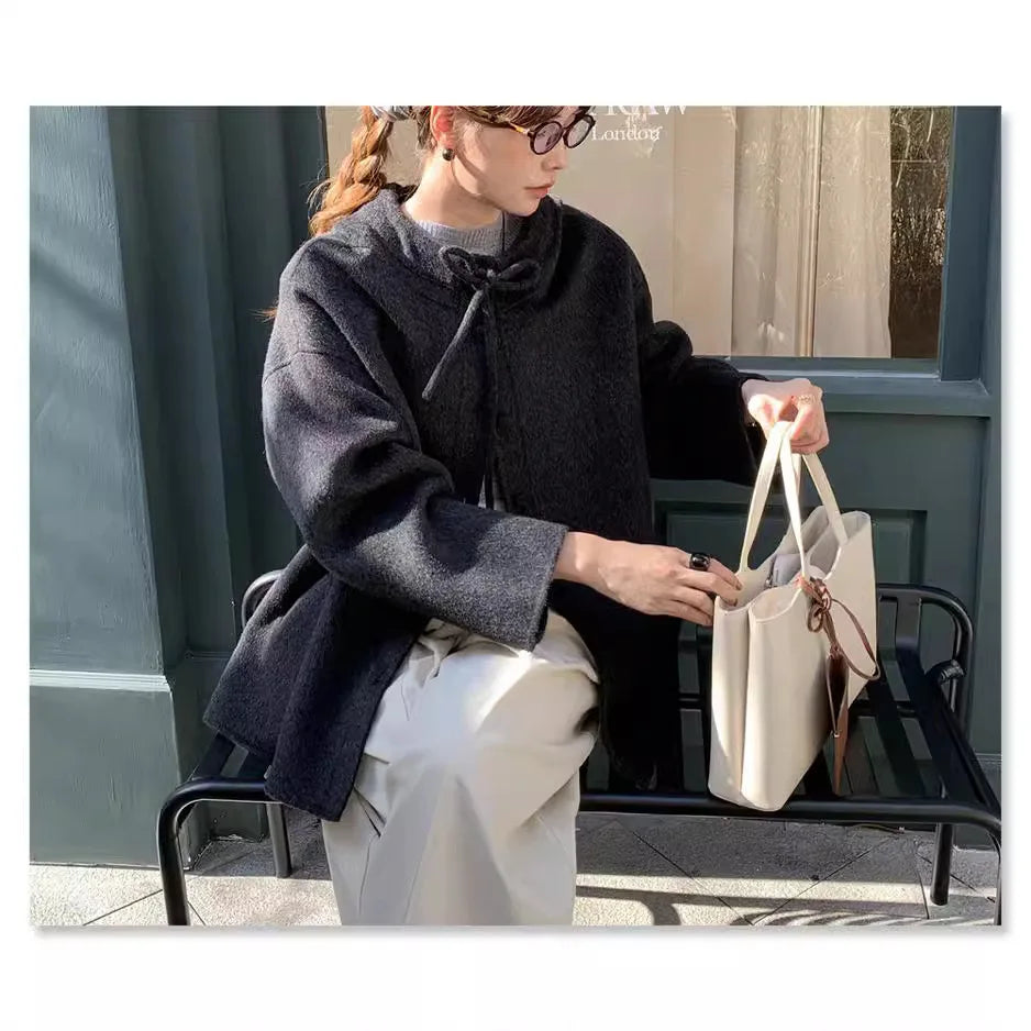 UMI MAO Woolen Coat Women Autumn Jacket New Double-Sided Wool Coat Bowknot Korean College Style Small Size Hooded Wool Coat