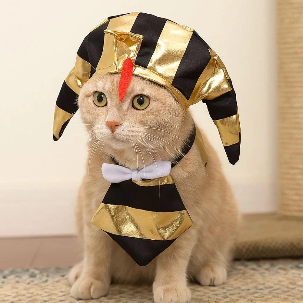 Cute Pet Egyptian Pharaoh Hat Breathable Comfortable Cat Golden Pharaoh Hat Adjustable with Bib Pet Cosplay Costume