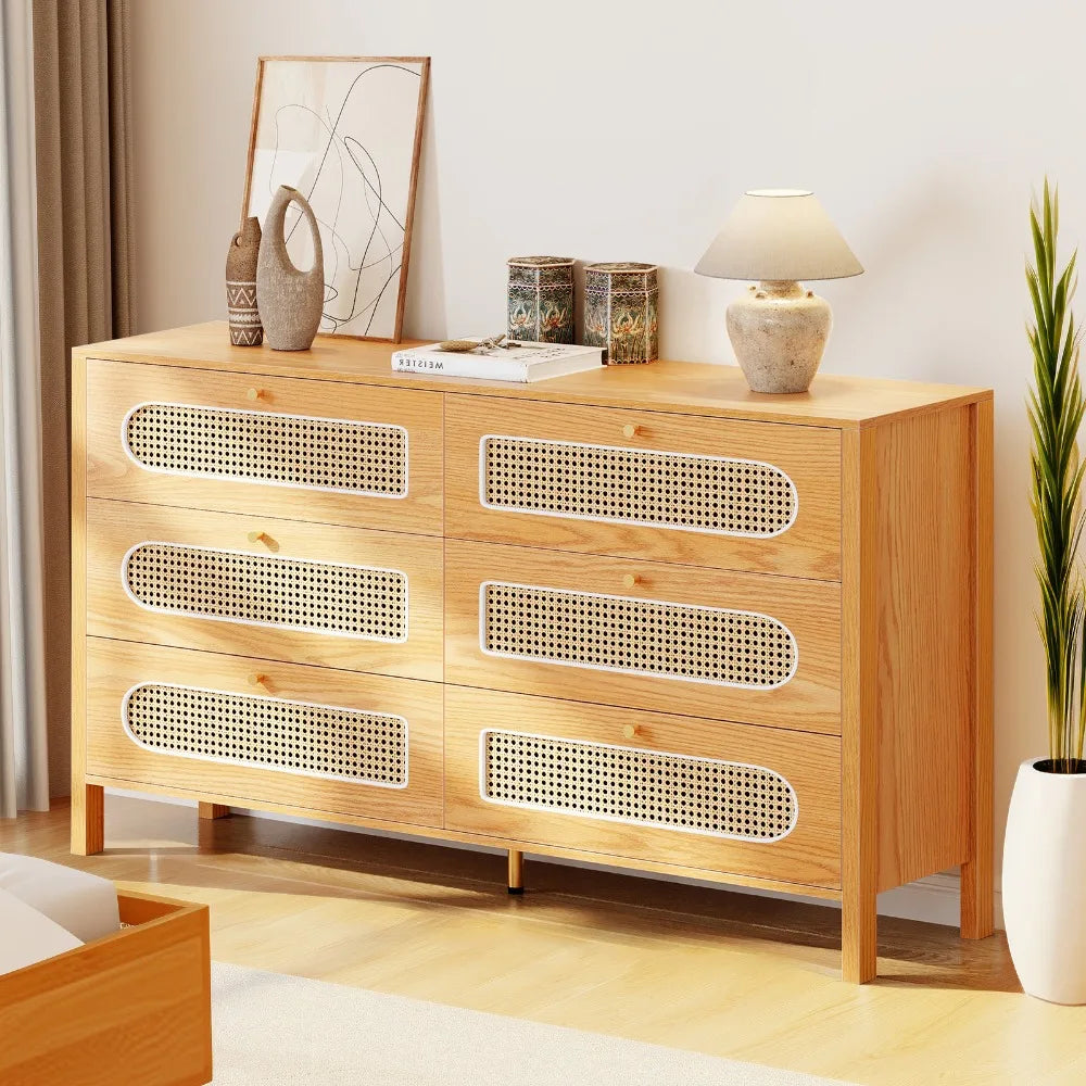6-Drawer Rattan Closet Adjustable Height Storage Cabinet Sideboard Bedroom