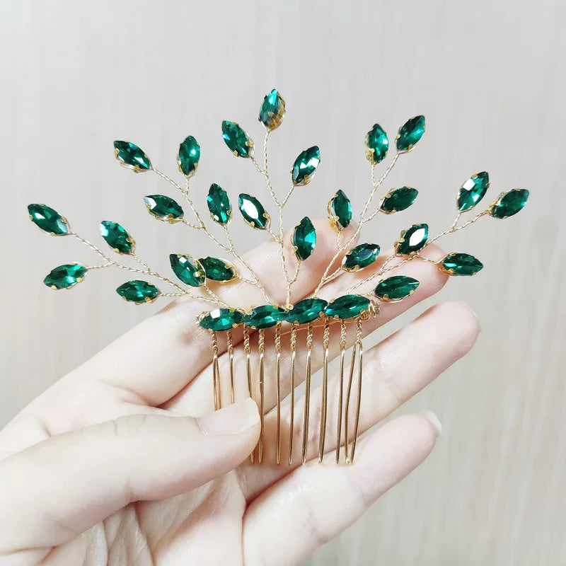 Green Color Rhinestone Hair Combs Bridal Hair Jewelry Leaf Hairpins Pearls Hairpins Bride Wedding Headdress Headband