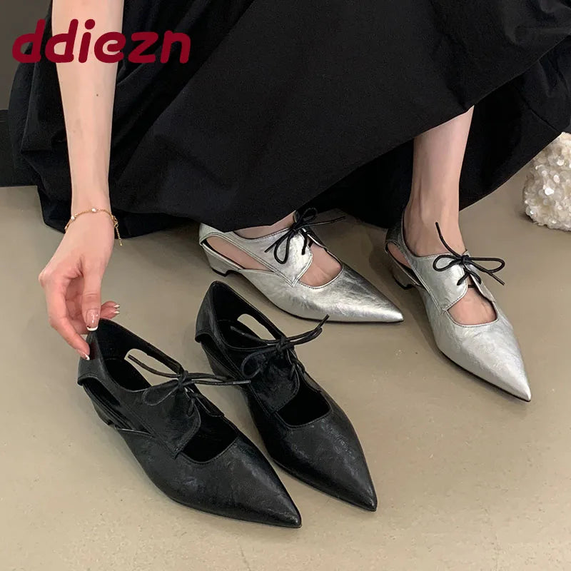 2025 New Fashion Shallow Women Low Heel Shoes Luxury Female Pointed Toe Footwear Butterfly-Knot Ladies Heeled Shoes Pumps