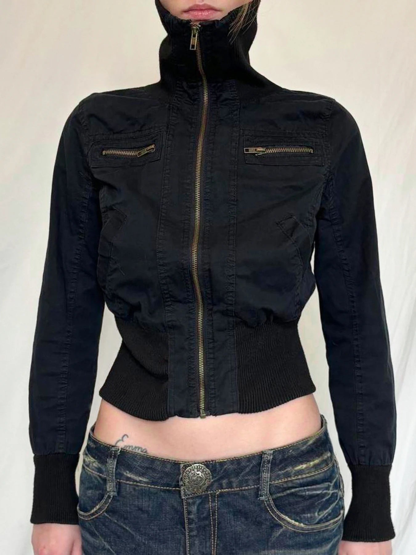 Rockmore Vintage Cropped Jackets for Women Harajuku Casual Slim Fit Zipper Coat Y2K Streetwear Long Sleeve Outerwear Autumn