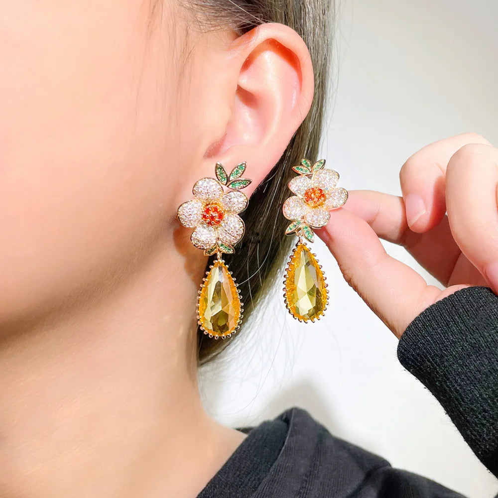 Pera Expensive Gold Color Shiny Yellow Crystal Luxury Wedding Jewelry Long Big Flower Charm Water Drop Earrings for Brides E848