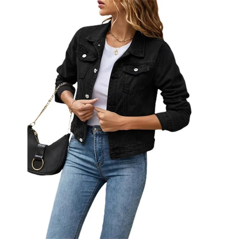 New Women Short Denim Jackets Fashion Female Casual Long Sleeve Lapel Solid Button Pocket Slim Jean Jacket Fall Winter Coat