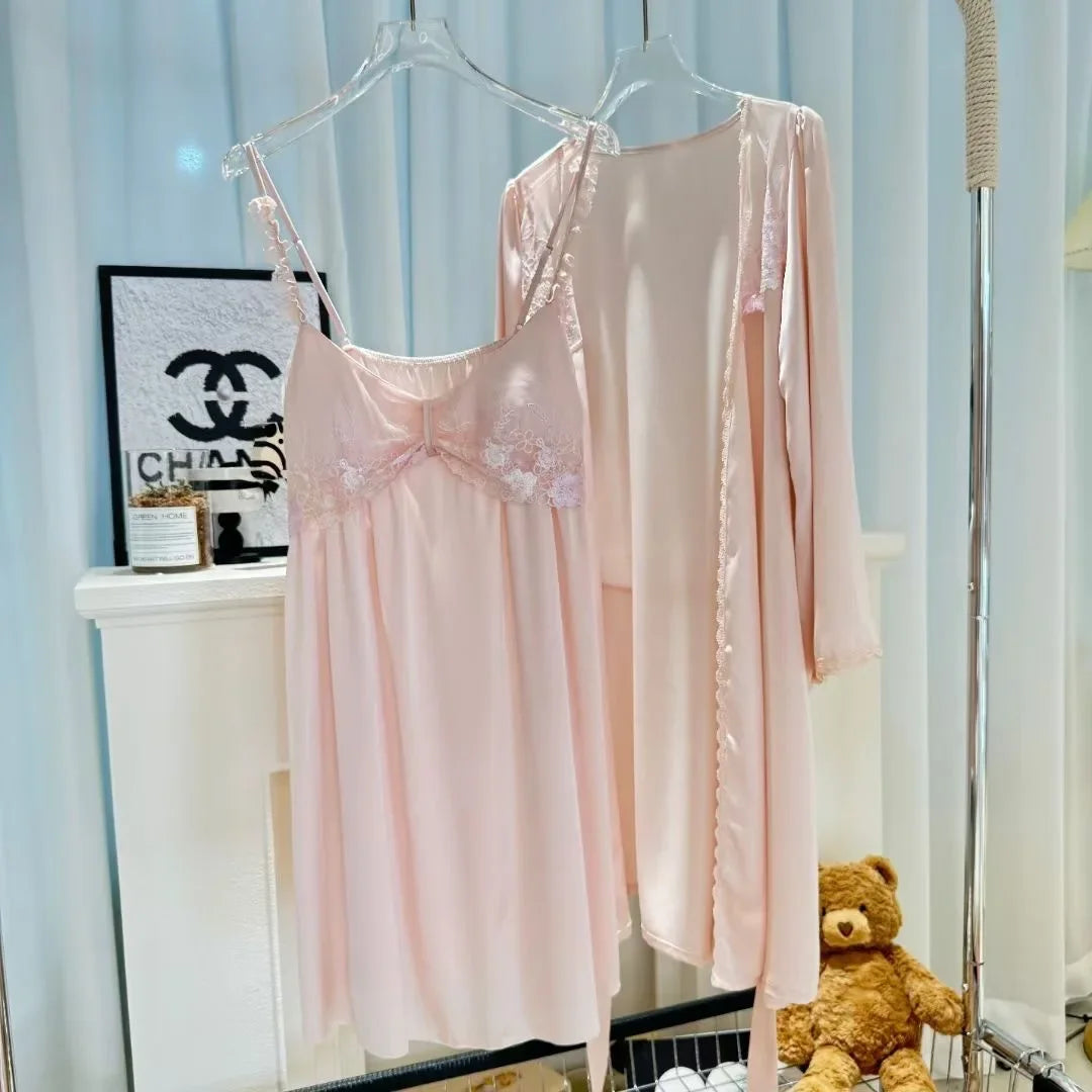 Yellow Princess Style Robe Set Sexy Lingerie Underwear Women Satin Sleepwear Sexy Lace Chemise Nightdress Short Bathrobe Suit