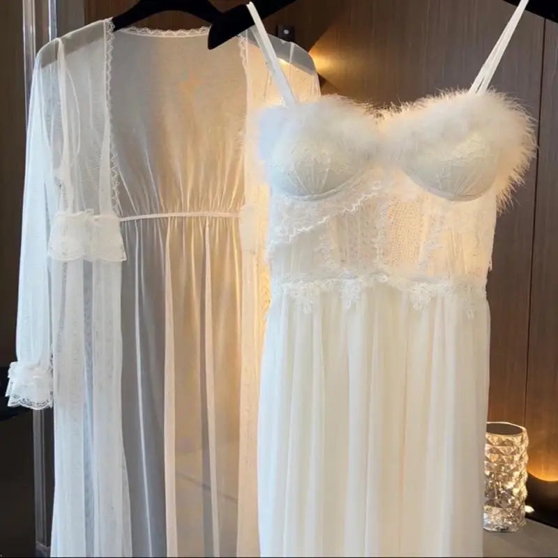 Fairy Wedding Robe Set Bride Morning Dressing Gown Sexy Mesh Perspective Robe Suit 2Pcs Spaghetti Strap Pajamas Lingerie