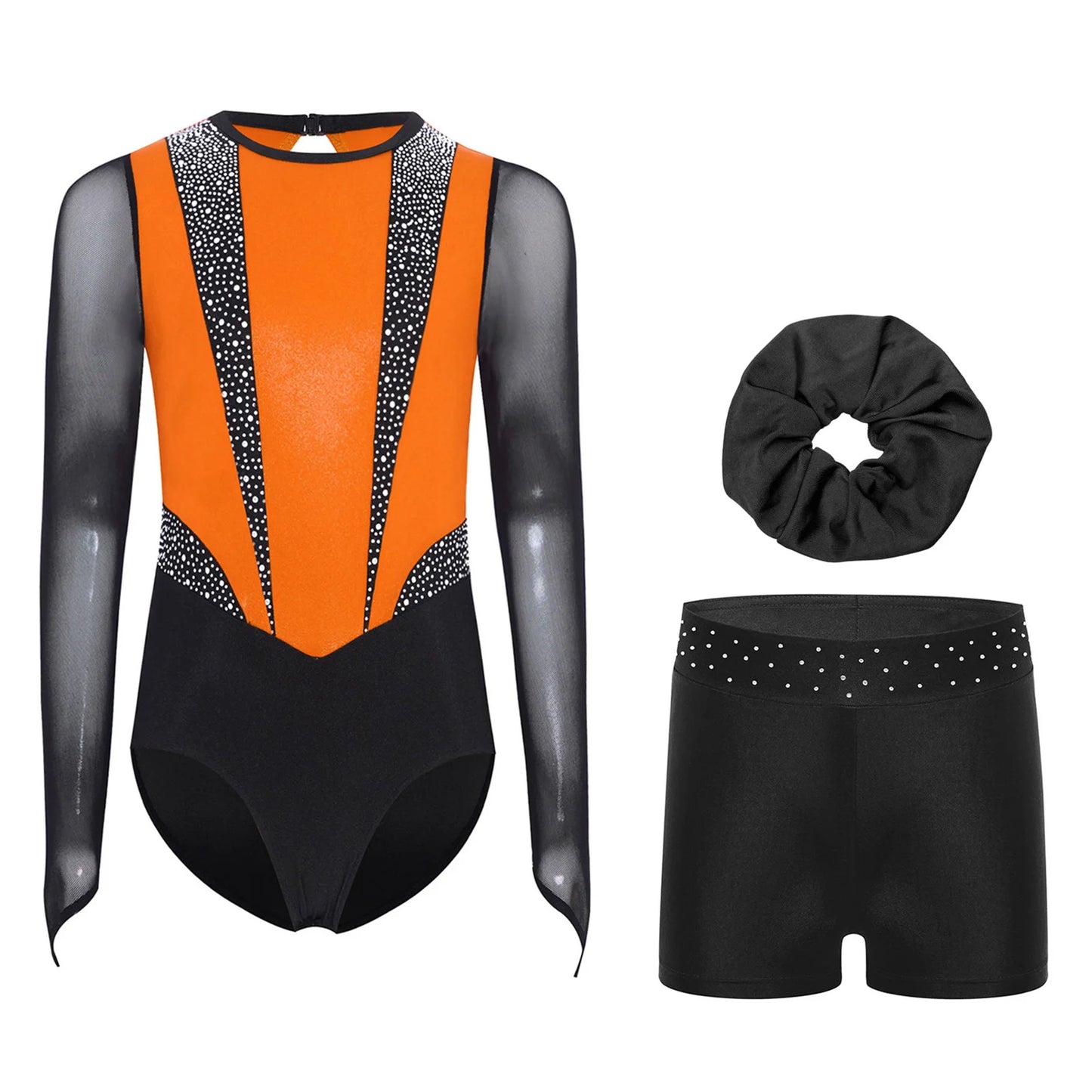 Kids Girls Ballet Gymnastics Sets Sports Tracksuit Figure Skating Dancewear Long Sleeves Rhinestones Leotard with Shorts Suit