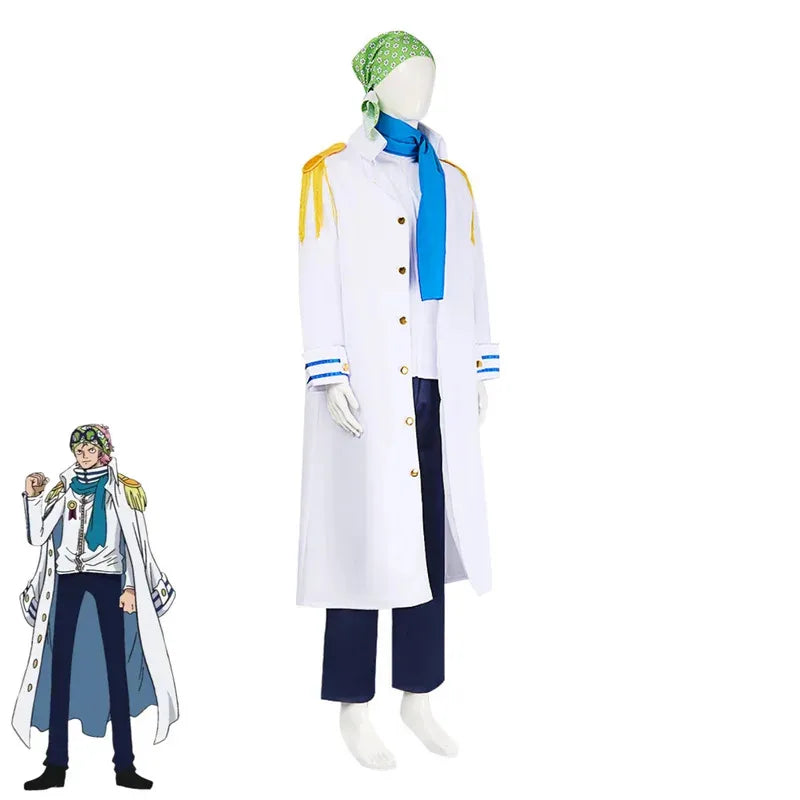 asdh8@Anime Coby Cosplay Costume Marine Sword Member Military Uniform White Long Cloak Coat Scarf Adult Man Halloween Carnival S