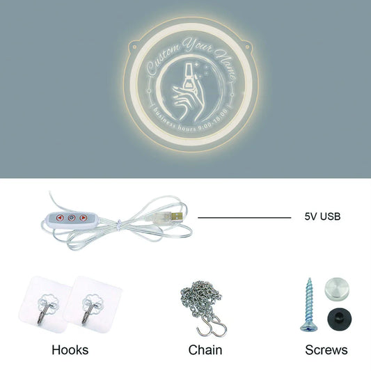 1PC Round Shape Nail Art Theme Personalized Text USB Power Neon Led Sign Acrylic Light for Beauty Salon Decor for Wall Gift for