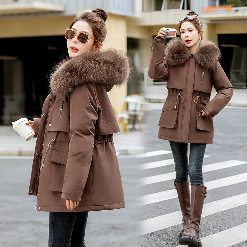 Women Parka Fashion Long Coat Plush Lining Hooded Parkas New Winter Jacket Slim with Fur Collar Warm Snow Wear Padded Clothes