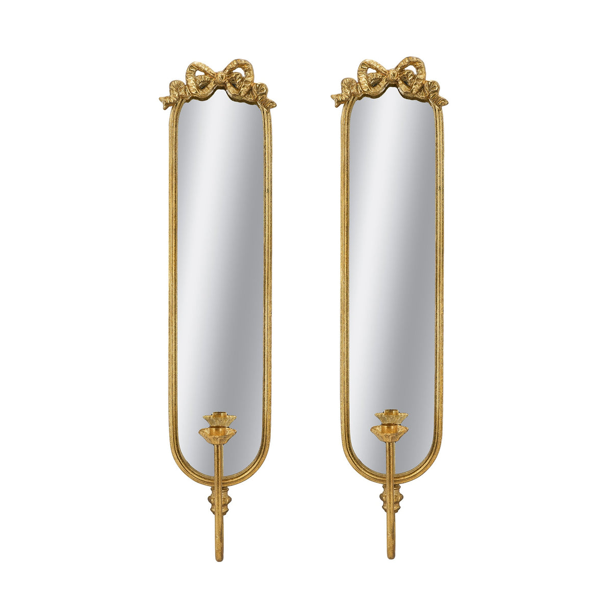 Set of 2 Gold Mirrored Wall Sconces with Iron Candle Holders