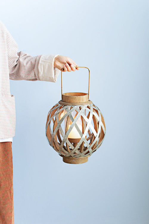 Silver Iron Cage Garden Lantern with Glass Votive Holder, 12.8 in