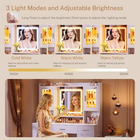 Makeup vanity desk with mirror and lights for bedroom use, white MDF material, RGB lighting modes, 2 large cabinets, 3 drawers,