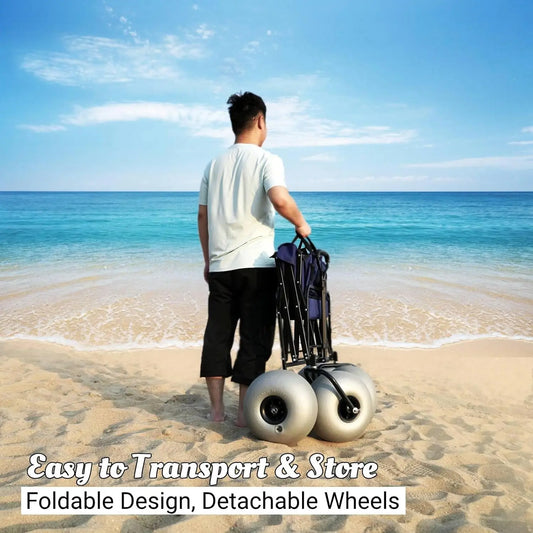 Beach Wagon with 13'' Balloon Wheels, Heavy Duty All-Terrain Collapsible Cart with Big Wheels for Sand, Pump Included