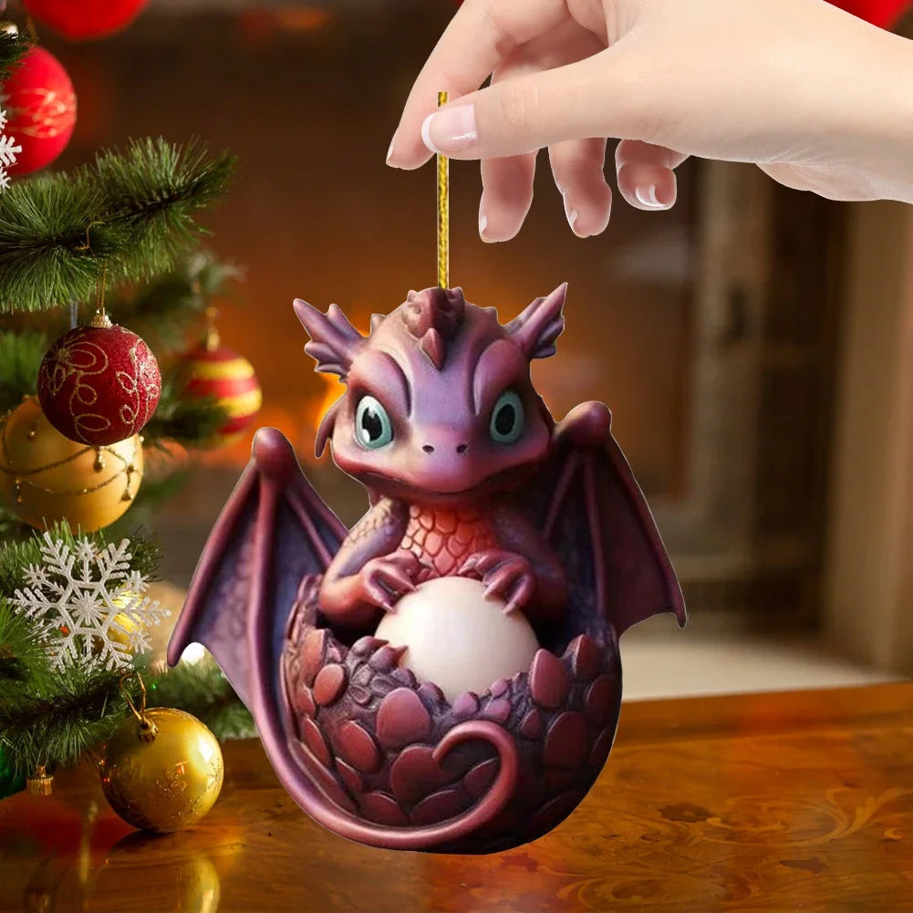 2D Acrylic Dragon Baby Egg Ornament Christmas Dragon Egg Tree Pendant Cartoon Car Keychain Hanging Decoration Xmas Cute Decor
